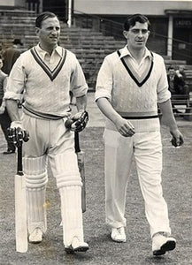 Len Hutton batting for England in a Test Match alongside the famous Yorkshire bowler Fred Trueman